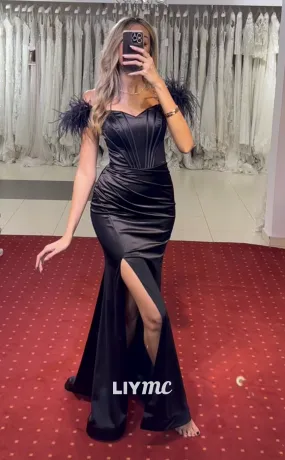 LP1989 - Off-Shoulder Feathered Pleated Ruched Satin Side Slit Prom Dress LP1989 - Off-Shoulder Feathered Pleated Ruched Satin Side Slit Prom Dress