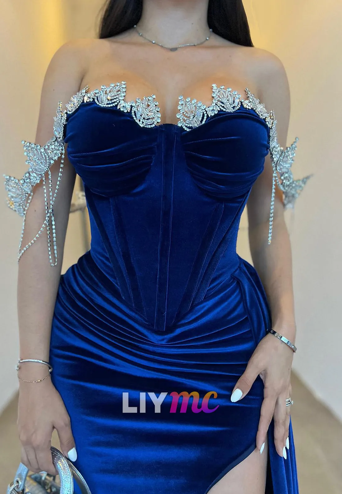 LP2295 - Off-Shoulder Strapless Beaded Pleated Velvet Sheath Prom Dress