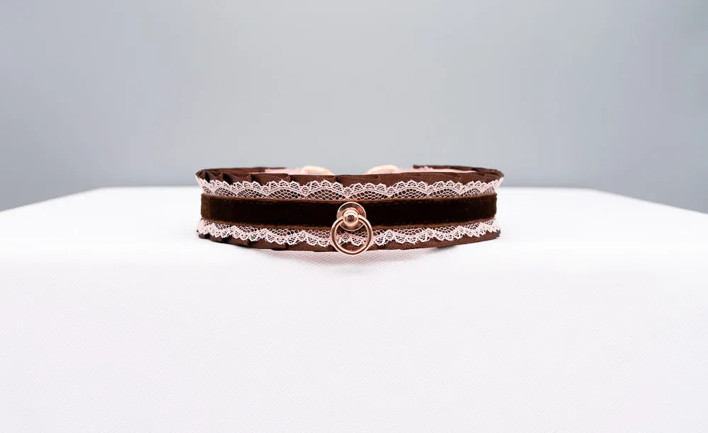 Mauve and Chocolate Velvet Rose Gold Collar and Leash BDSM Set