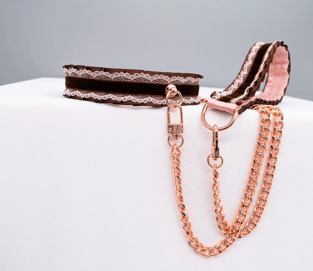 Mauve and Chocolate Velvet Rose Gold Collar and Leash BDSM Set