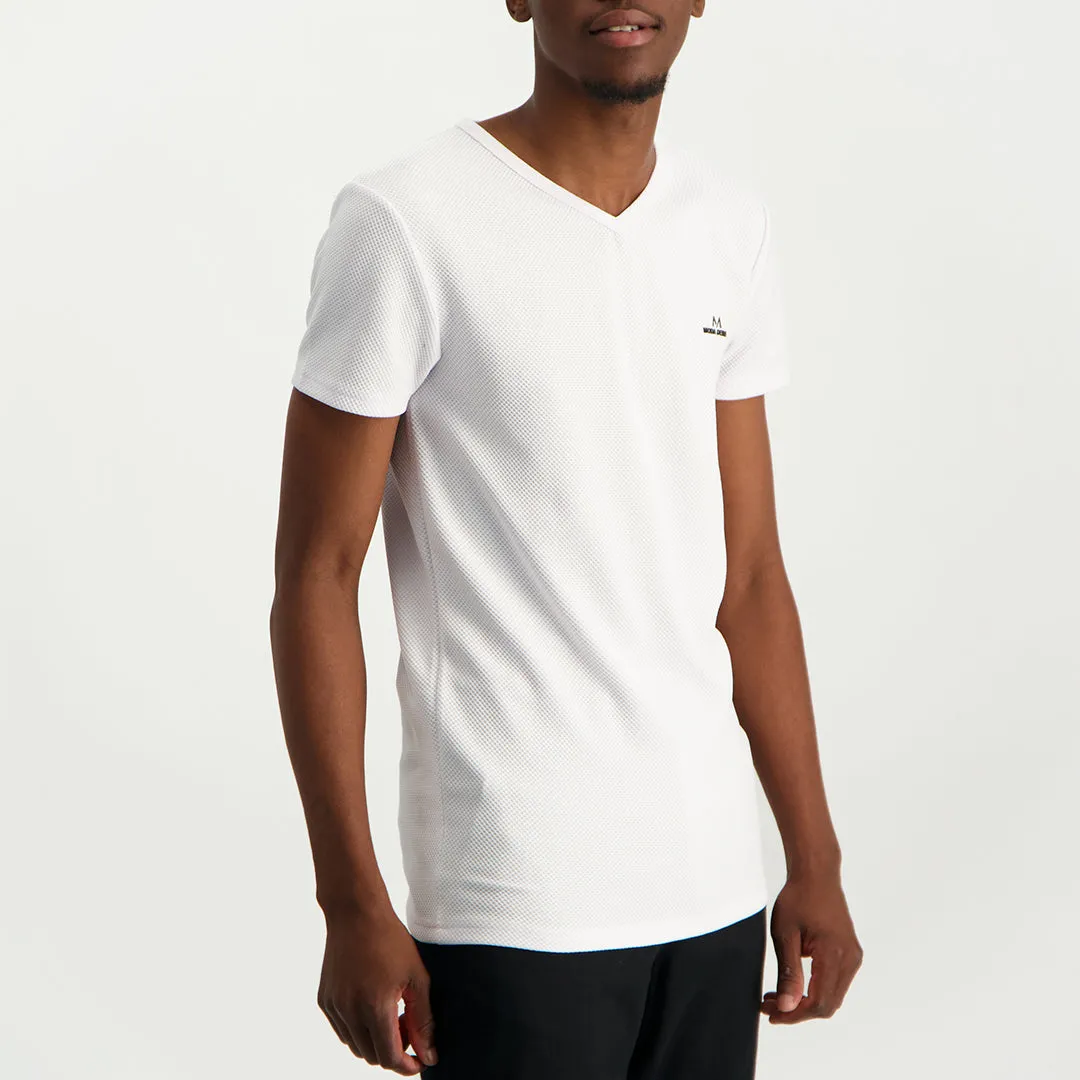 MENS MODA WHITE TEXTURED V-NECK T-SHIRT (HD LOGO)