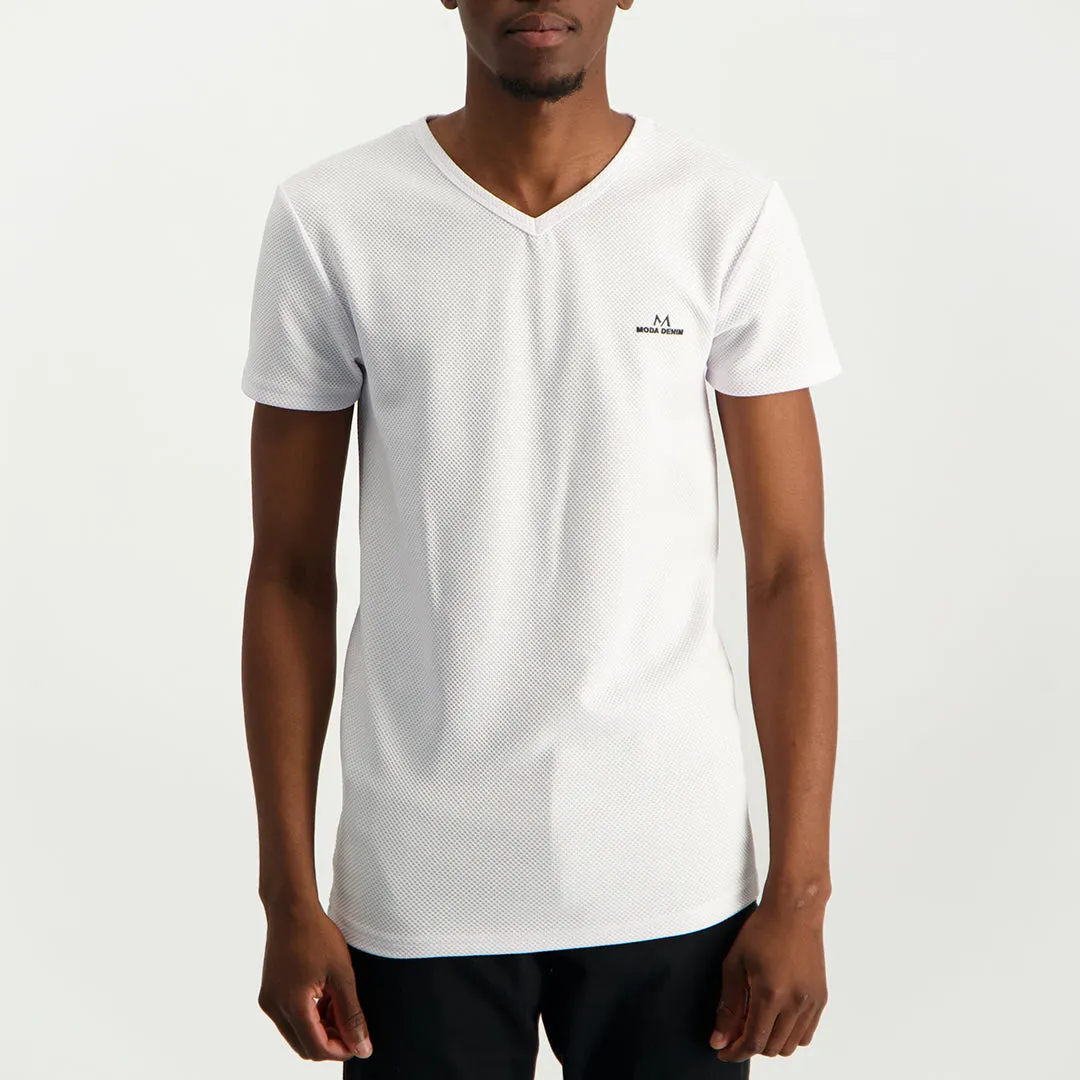 MENS MODA WHITE TEXTURED V-NECK T-SHIRT (HD LOGO)