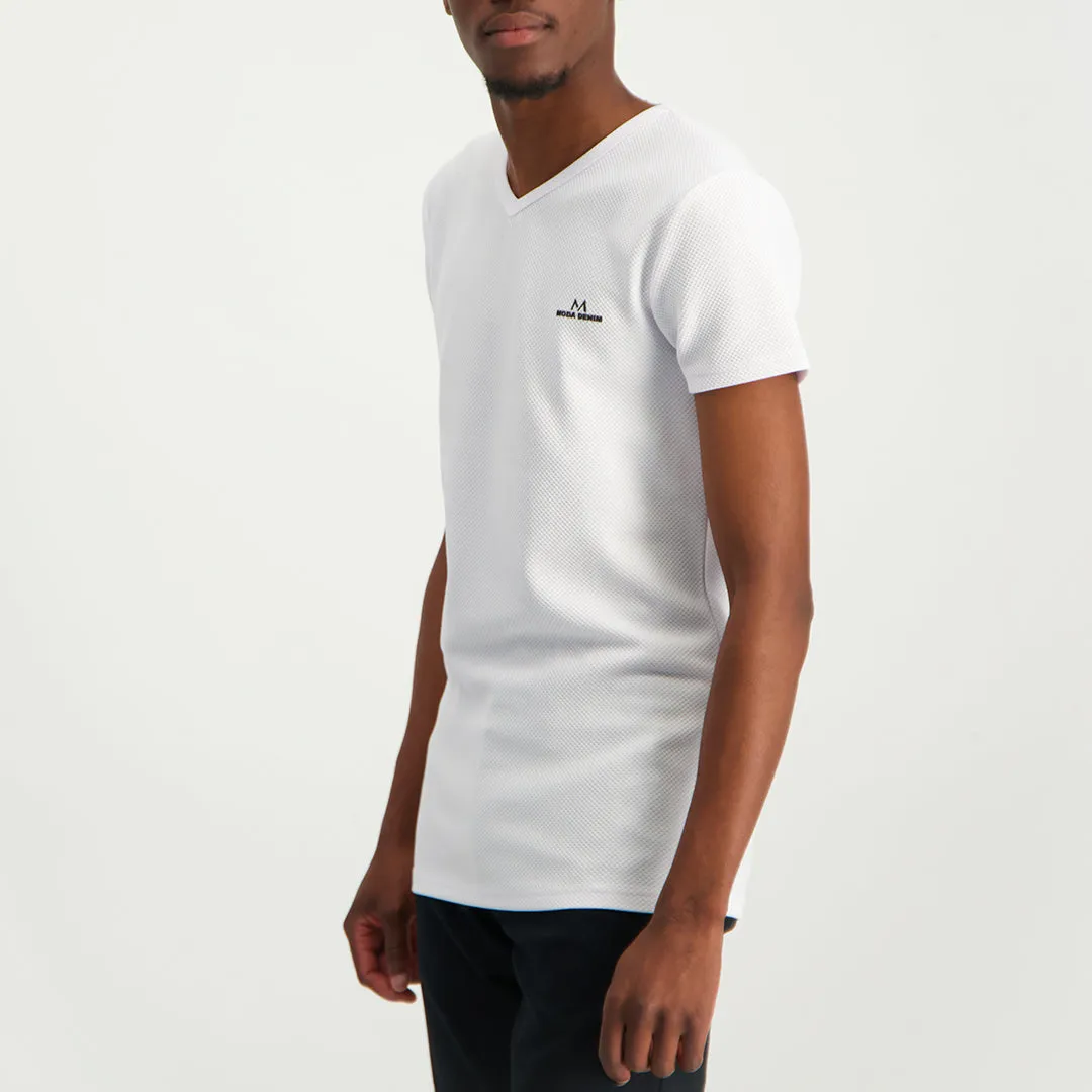 MENS MODA WHITE TEXTURED V-NECK T-SHIRT (HD LOGO)