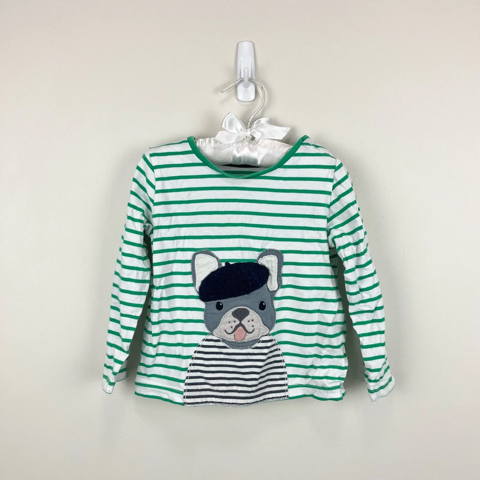 Mini Boden Green Stripe French Bulldog Applique T-Shirt 3-4