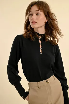 Molly Bracken Black Knit Top with Gold Buttons Molly Bracken Black Knit Top with Gold Buttons