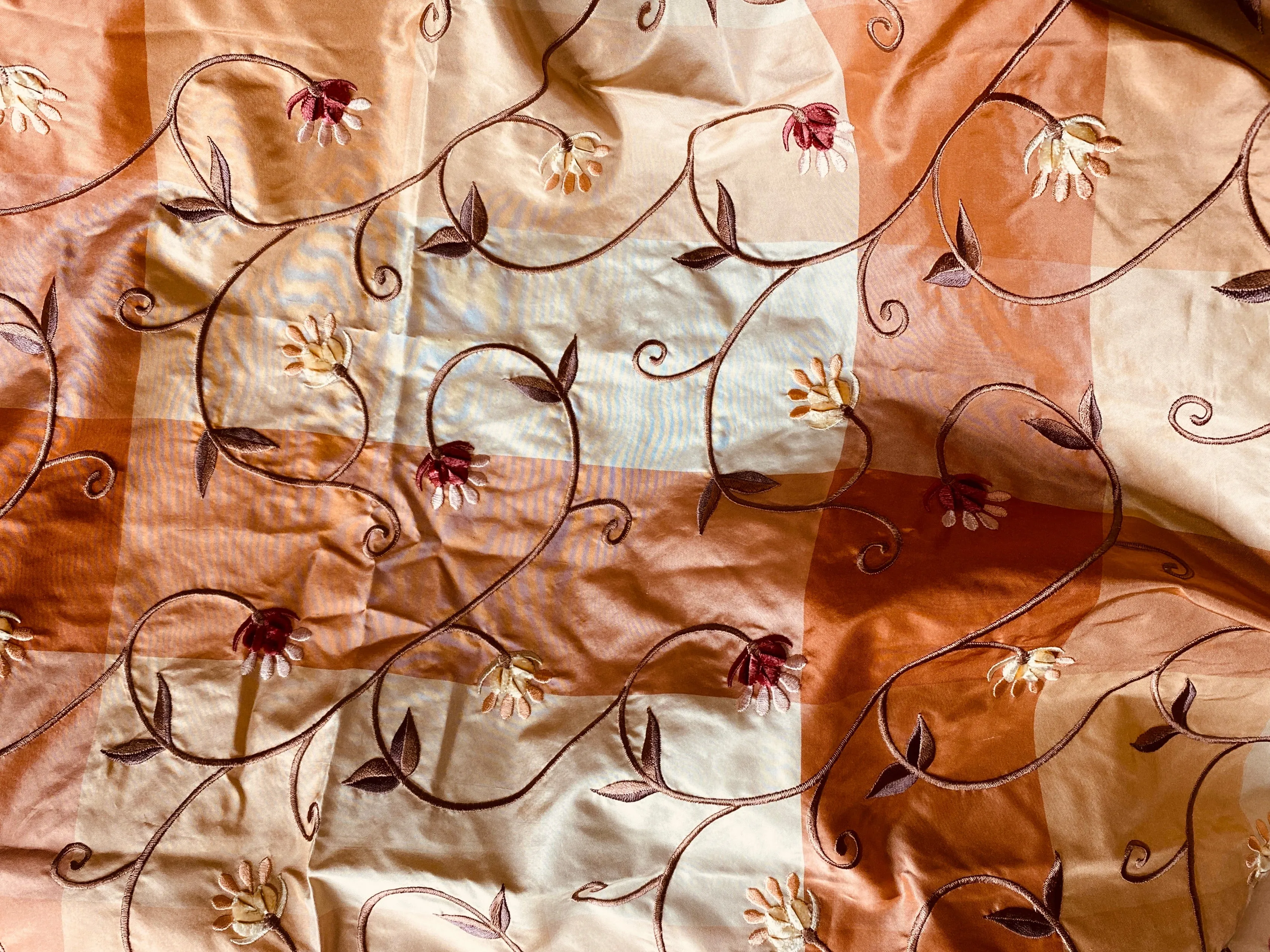 NEW Princess Peach 100% Silk Taffeta Checkered Plaid Embroidered Velvet Floral Peach Fabric