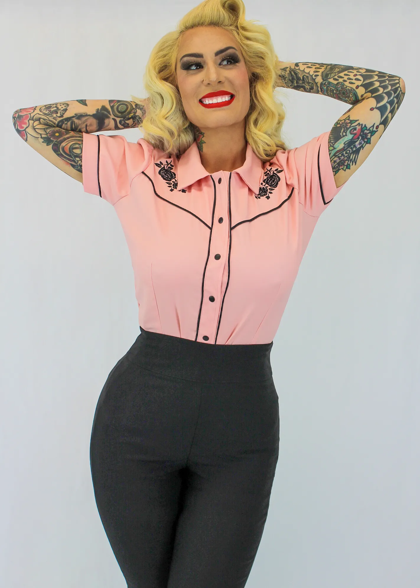Pink Black Rose Rockabilly Western Top #PBWT