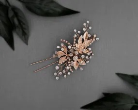 Rose Gold Bridal Hair Pin of Crystals and Leaves Rose Gold Bridal Hair Pin of Crystals and Leaves
