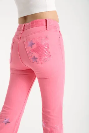 Stars Embroidered Pink High Rise Flare Jeans Stars Embroidered Pink High Rise Flare Jeans