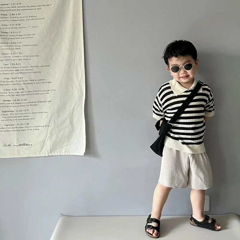 Summer Handcraft Knit Stripe Children Infant T-shirt with Turn down Collar Breathable Stylish Hollow Knitwear Pullover Tops