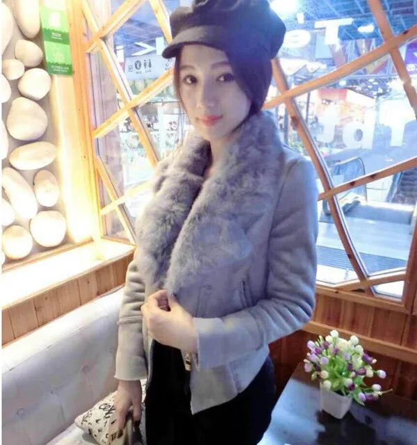Women Suede Coat  Fur Collar Zipper Thick Slim Short Jacket Outwear