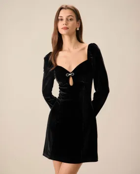 Women's Black Puffed Sleeve Velvet Mini Dress Women's Black Puffed Sleeve Velvet Mini Dress