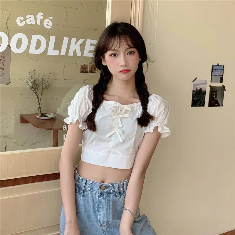 Women's Cute Bowknot Flare Sleeved Short Tops