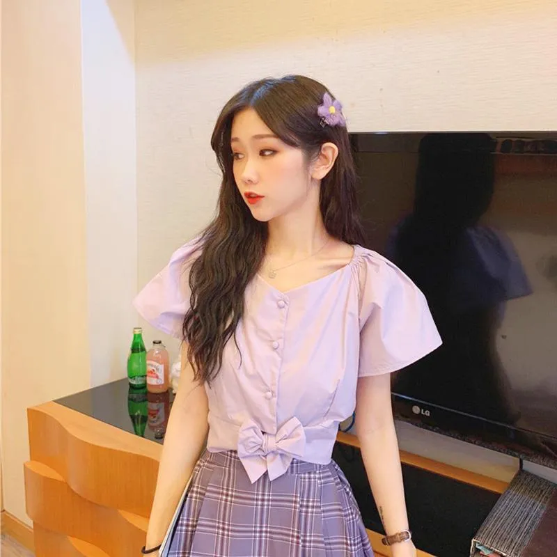 Women's Cute Bowknot Toned Horn Sleeved Shirts