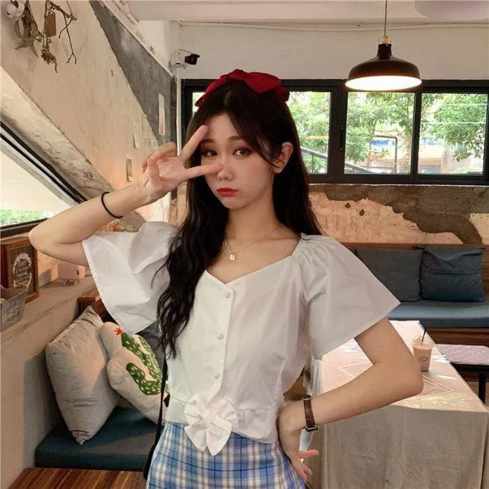 Women's Cute Bowknot Toned Horn Sleeved Shirts