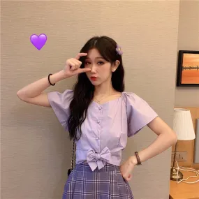 Women's Cute Bowknot Toned Horn Sleeved Shirts Women's Cute Bowknot Toned Horn Sleeved Shirts