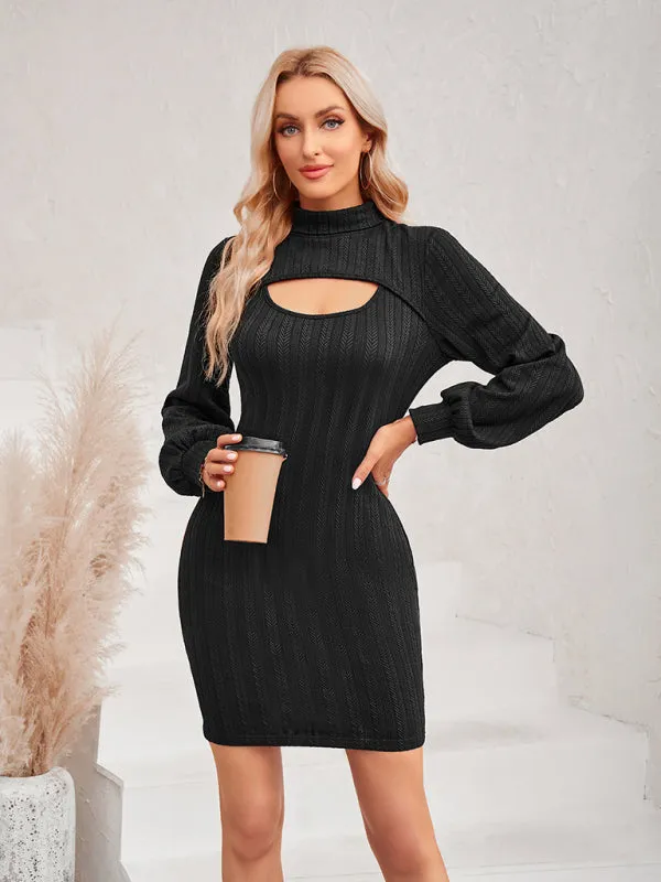 Women's Long Sleeved Bodycon Dress With Front Cutout Panel