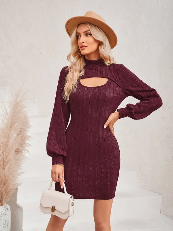 Women's Long Sleeved Bodycon Dress With Front Cutout Panel