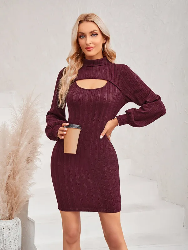 Women's Long Sleeved Bodycon Dress With Front Cutout Panel