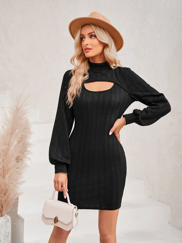 Women's Long Sleeved Bodycon Dress With Front Cutout Panel